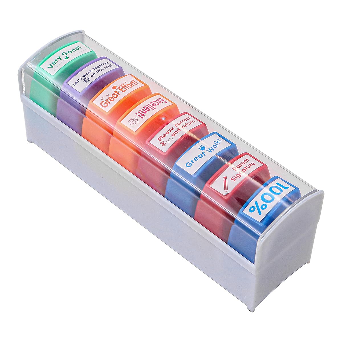CENPEK 8PCS Colorful Motivation School Teachers Grading Stamp Encouraging Comments School Supplies Stamps with Storage Tray