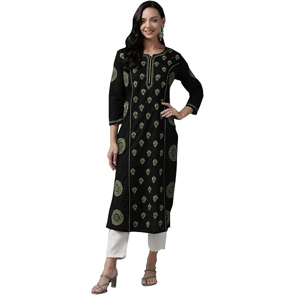 Ada Women's Hand Embroidered Chikankari Cotton Kurta - Traditional Indian Tunic Dress (Black)