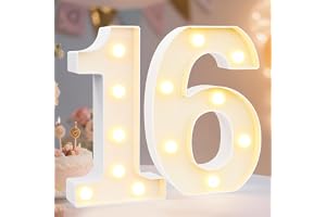 Pooqla Decorative Led Light Up Number Letters, White Plastic Marquee Number Lights Sign 16th Birthday Decorations for Girls Boys Party Wedding Decor Battery Operated Number (16)