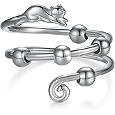 qielizhu Fidget Rings for Anxiety 925 Sterling Silver Cat Adjustable Anti Anxiety Ring With Bead Spinner Rings Cat Jewelry Gifts for Women