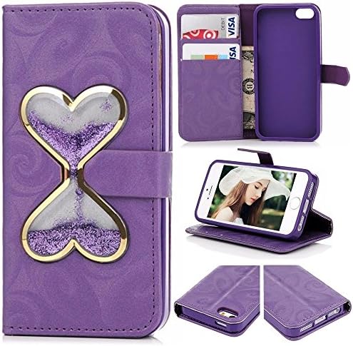 Creative 3D Time Hourglass Liquid Quicksand Glitter Leather Case for iPhone 6 6s Plus / 7 7 Plus Heart Shape Flip Stand Wallet Cover Bag Card Slots for Samsung Galaxy S5 S6 S7 Edge
