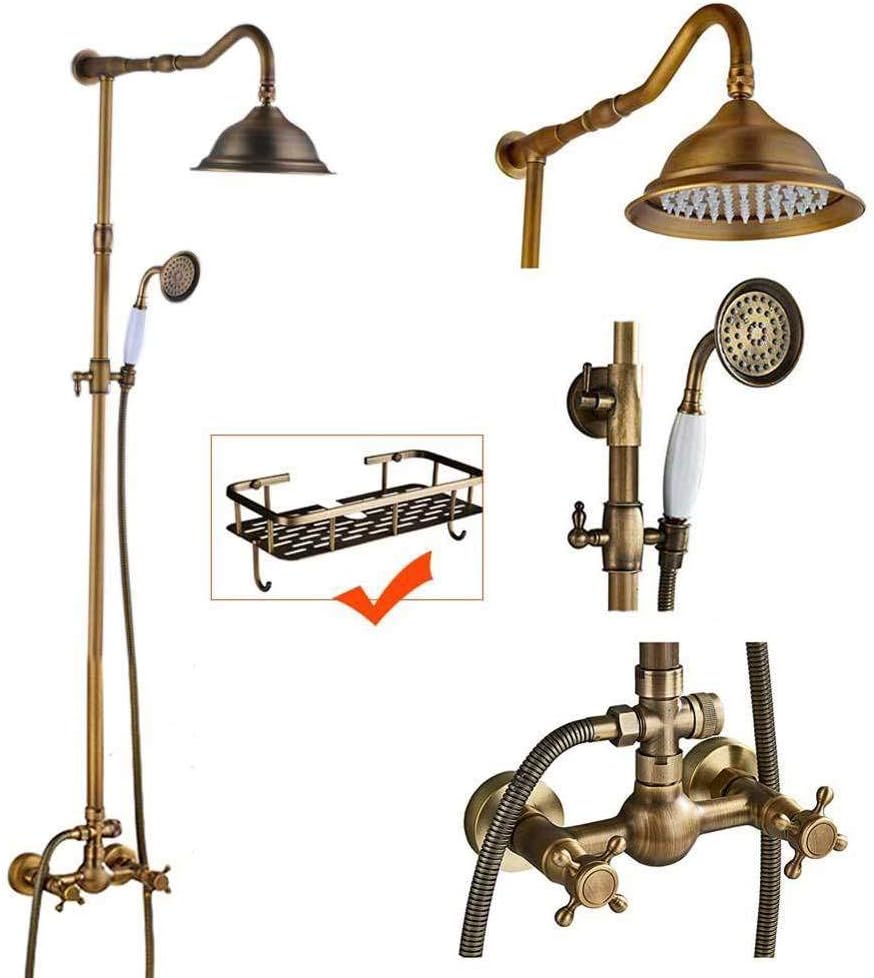NGHXZ Shower, Brass Antique Wall Mount Shower Set Faucet Single Handle with Handshower Shelf Bathroom Shower Mixer Tap,Shower Faucet F02