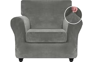 ZNSAYOTX Luxury Velvet Chair Slipcovers with Arms 2 Piece Stretch Chair Covers for Living Room Thick Soft Armchair Slipcover Anti Slip Dog Pet Friendly Furniture Protector (Grey),30"-47"(1 Cushion)