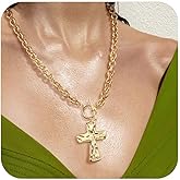 Punhem Chunky Gold Necklace for Women - 14K Gold/Silver Plated Trendy Dainty Non Tarnish Thick Chain Statement Charm Necklace with Vintage Toggle Clasp Fashion Jewelry Set Gift