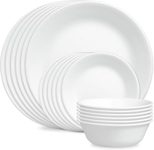 Corelle Vitrelle 18-Piece Service for 6 Dinnerware Set Triple Layer Glass and Chip Resistant, Lightweight Round Plates and Bowls Set, Winter Frost White