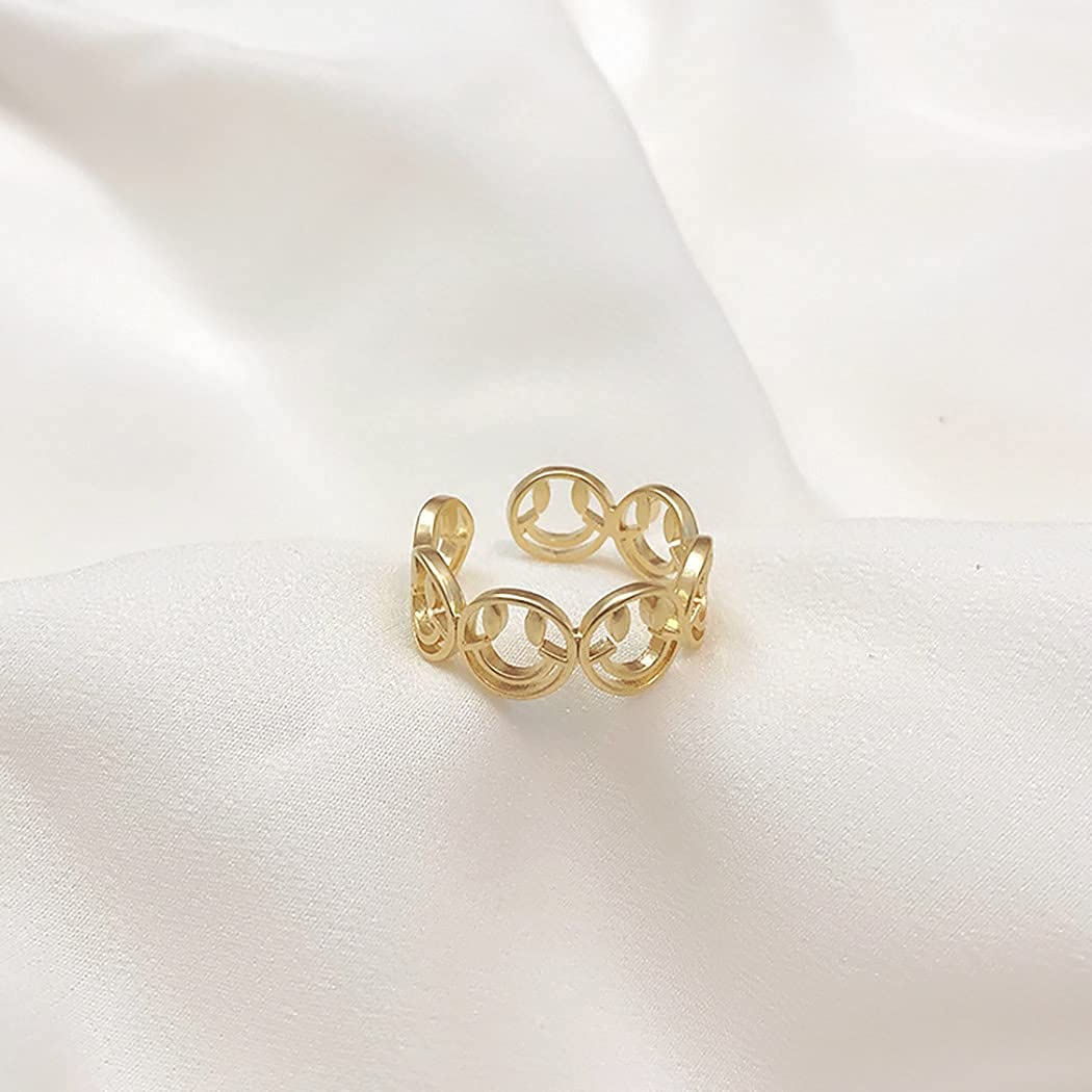 Flosy Smiley Face Ring Lucky Smiling Face Band Ring Cute Open Statement Ring Adjustable for Women and Men (Gold): Clothing