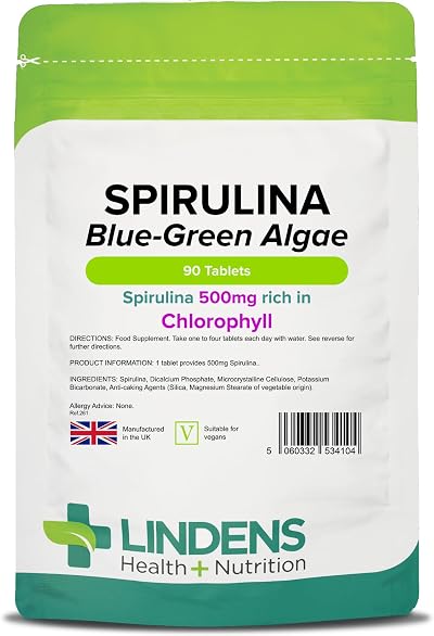 Lindens Spirulina 500mg 90 Tablets UK Made Vegan Chlorophyll Maxima
