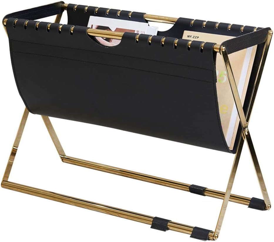 QYQCX Gold Stainless Steel Magazine Rack, Vintage Leather Foldable Shelf, Bookshelf for Living Room Study, Home Decor