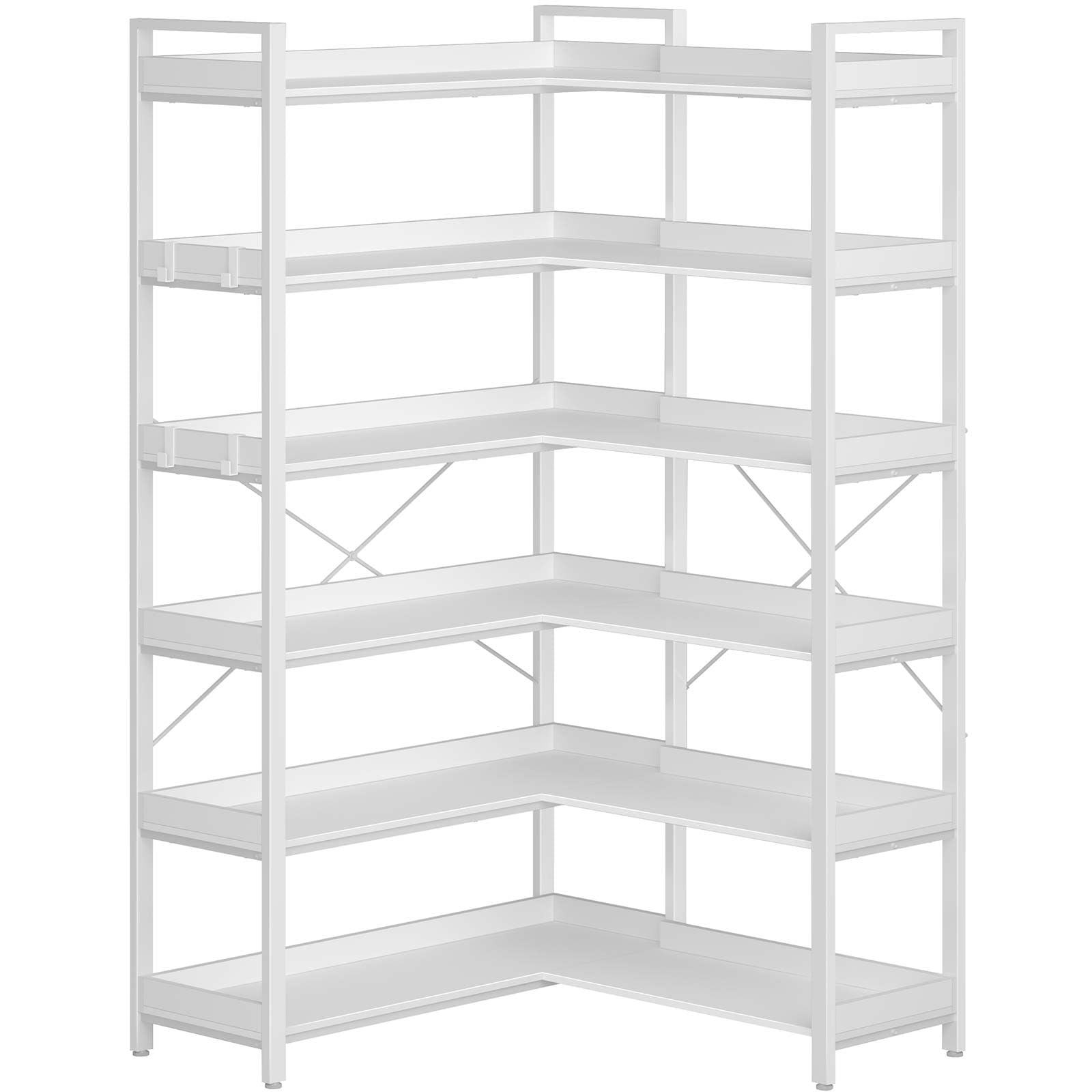 Photo 1 of ** DAMAGE MINOR ** olanstar Bookshelf 6 Tier with 4 Hooks, Reversible Corner Bookshelf, 69" Industrial Wooden Bookcase with Open Shelves and Metal Frame for Living Room, Bedroom, Home Office, White