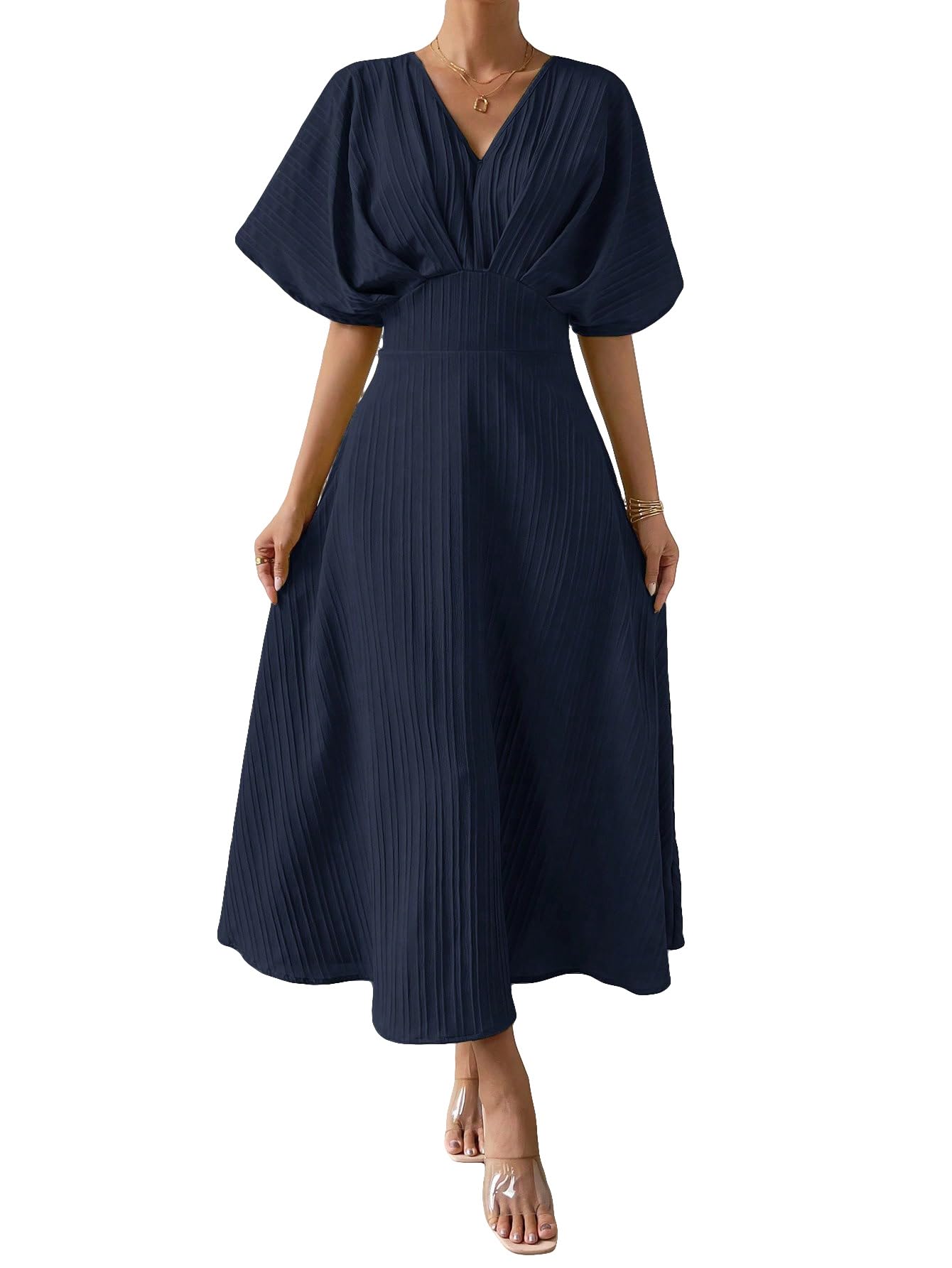 Photo 1 of Floerns Women's V Neck Half Sleeve Ruched Cocktail Evening A Line Long Dress Dark Blue L