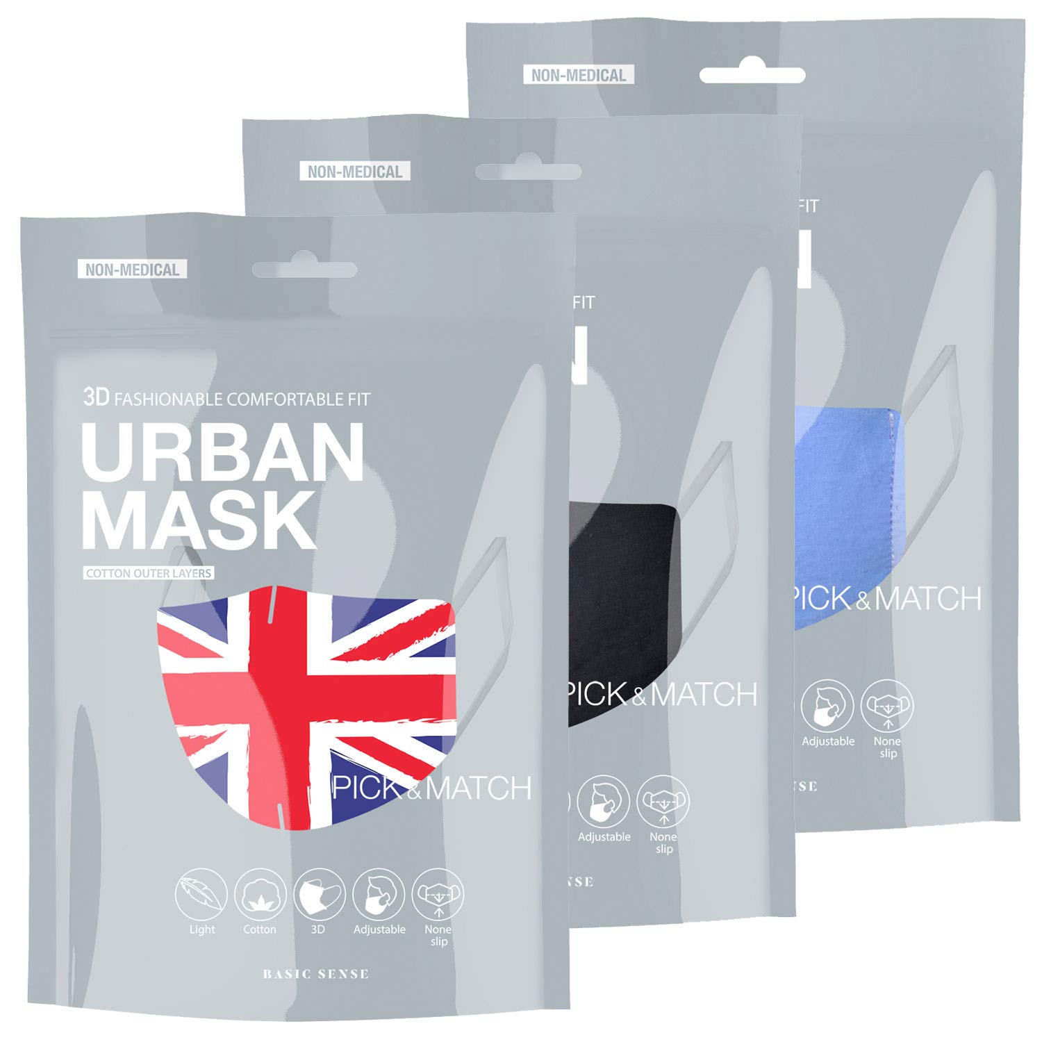 Basic Sense 3 Packs – 100% Cotton Washable Reusable Skin Friendly Plain Face Coverings Masks (UK 3 Pack)