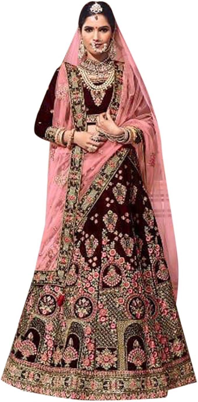 maroon velvet bridal lehenga