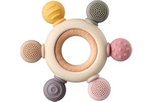 KALOVIN Baby Teething Toys, Silicone Chewable Toys with Organic Wooden Ring for Infants 3+ Months, Silicone Teething Toys for Soothing Sore Gums, Sucking Needs (6 Directions, Khaki)