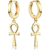 DREMMY STUDIOS Dainty Gold Dangle Earrings 14K Gold Plated Simple Cute Ankh Cross Hoop Huggie Earring Jewelry for Women