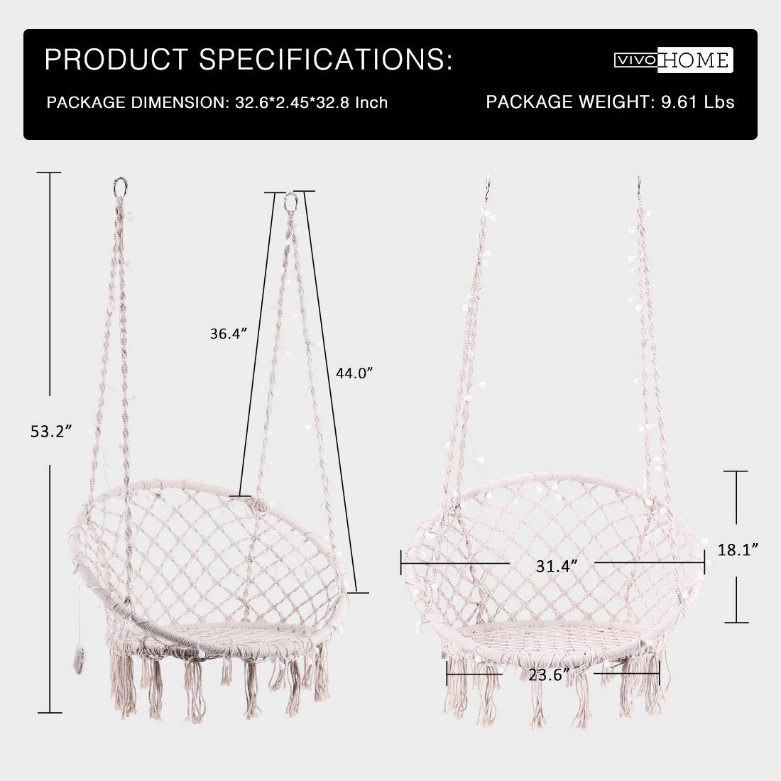 VIVOHOME Hanging Hammock Chair Macrame Swing with 39ft Long LED Light, Stand Not Included, Max 330 lbs Capacity, Cotton Hand-Woven Hammock Swing Chair for Indoor, Outdoor, Bedroom, Balcony - Beige