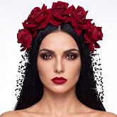 BARTOSI Red Rose Headband Gothic Headpiece Halloween Costume Headwear | Day of the Dead Headbands Flower Rhinestone Mesh Headpiece Mexican Festival Cosplay Hair Accessories for Women
