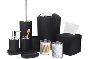 BTHENOV Bathroom Accessory Set - 10 Piece Black Bathroom Accessories Set with Trash Can, Toothbrush Holder and Cup, Soap Dispenser, Soap Dish, Toilet Brush Holder, Vanity Tray, Qtip Holder, Tissue Box Cover