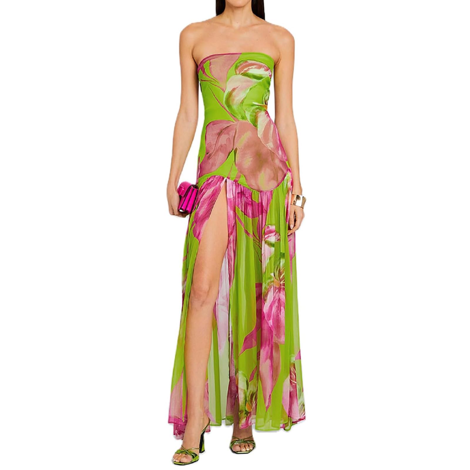 Photo 1 of Women Tube Top Dress Tiger Stripe Mesh Patchwork Maxi Dress Strapless Sexy High Slit Long Dresses Party Clubwear (Green,M)