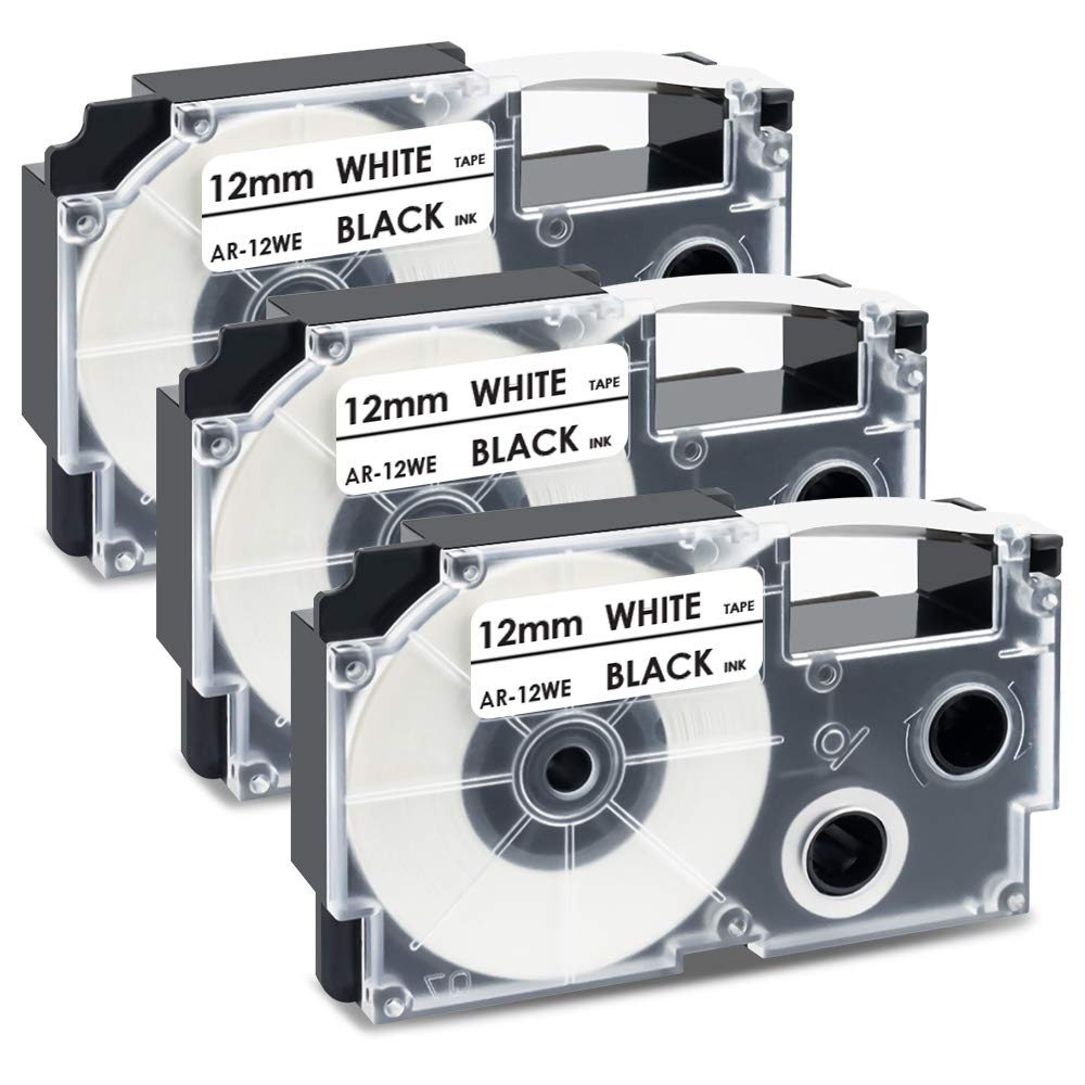 UniPlus Compatible Label Tape Replacement for Casio XR-12WE XR12WE 12mm x 8m for EZ Label Maker KL-G2 KL-60 KL-70e KL-100 KL-120 KL-130 KL-200 KL-200E KL-300 KL-750 KL-820, Black on White, 3-Pack