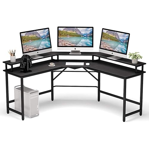 Tribesigns L Shaped Desk with Monitor Stand Riser, Tribesigns Modern Computer Corner Desk with Hutch, Gaming Desk, PC Laptop Writing Study Workstation, Sturdy Computer Table for Home Office (Black)