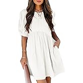 Dokotoo Womens Summer Crewneck Puff Sleeve Babydoll Elegant Empire Waist Mini Swing Skater Dresses with Pockets