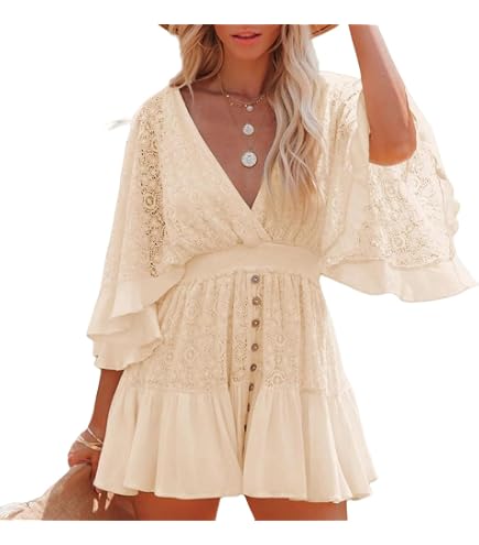 Women's Lace Crochet Romper Dress with Built-in Shorts,V Neck Batwing Sleeve Mini Dresses Crochet Romper Dress (Small,Black) : Clothing, Shoes & Jewelry