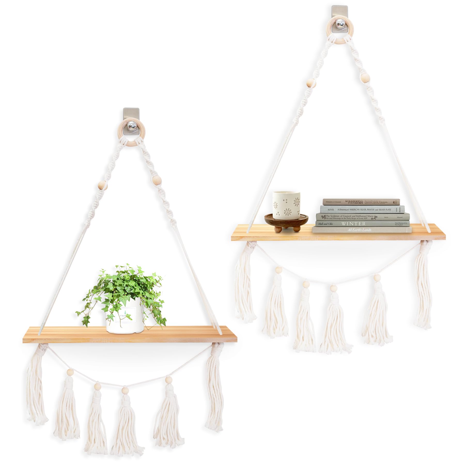 Photo 1 of MKOSAB Macrame Plant Hanger,Boho Decor Floating Shelves with Leaves, Wood Floating Shelves for Wall No Drilling for Plants Photos,Girls Bedroom Decor Storage Shelf?Ideal Gifts for Housewarming (2W)