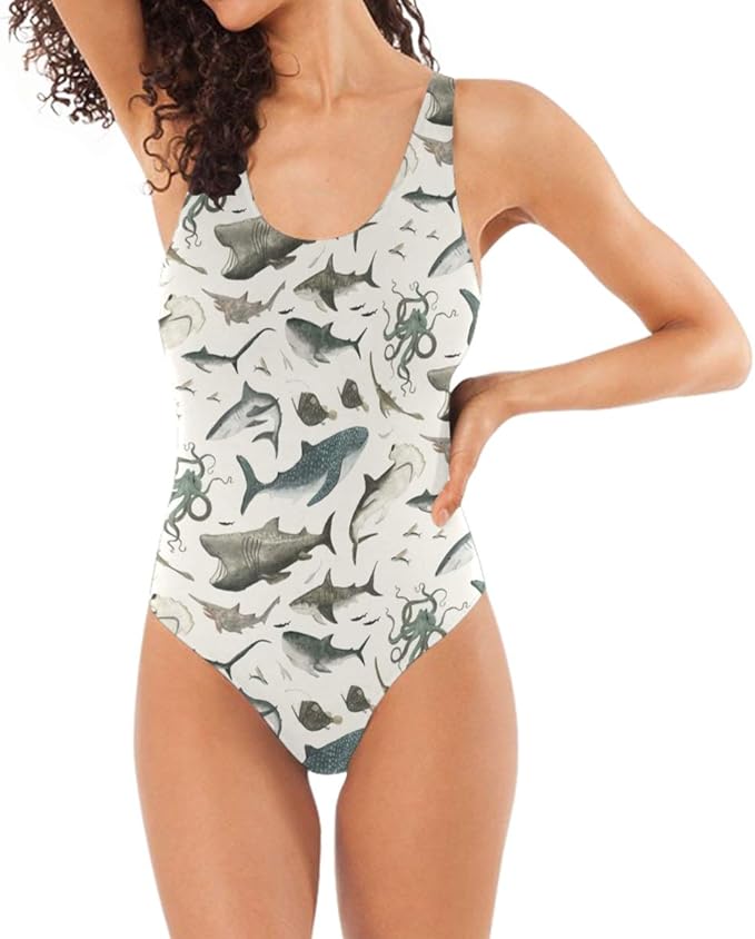 Womens One Piece Bikini with Sharks Print, Backless Monokini Bathing