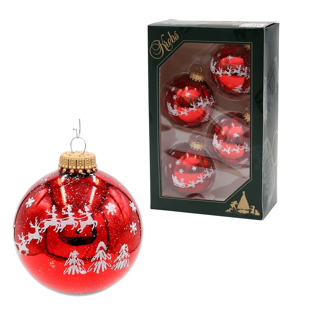 Dekohelden24 Lauschaer Christmas Tree Decorations - Set of 4 Christmas Tree Baubles in Shiny Red, Hand Decorated with Glitter - Decorative Reindeer Sleigh with Gold Crowns, Size Diameter Approx. 7 cm