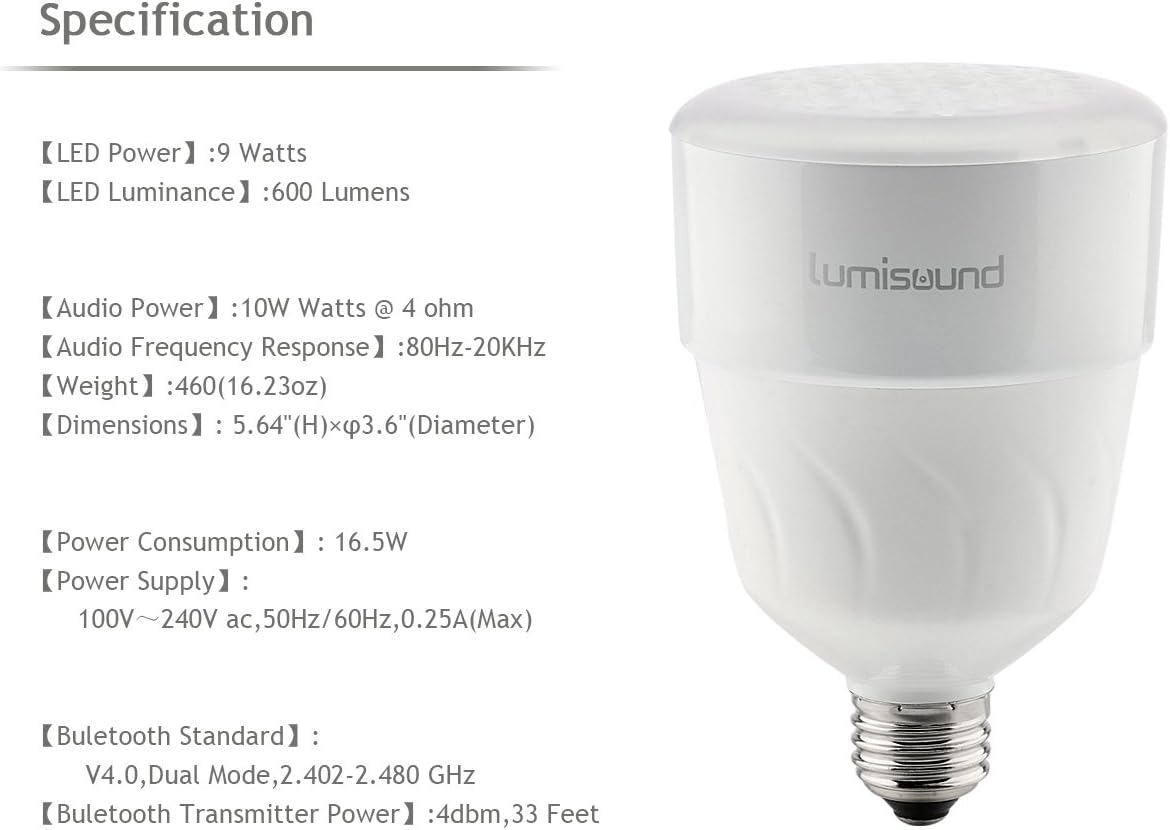 LED Bluetooth Bulb Speaker, True Wireless Stereo, Aptx Support, Dimmable LED, Apps Control, Pair, White