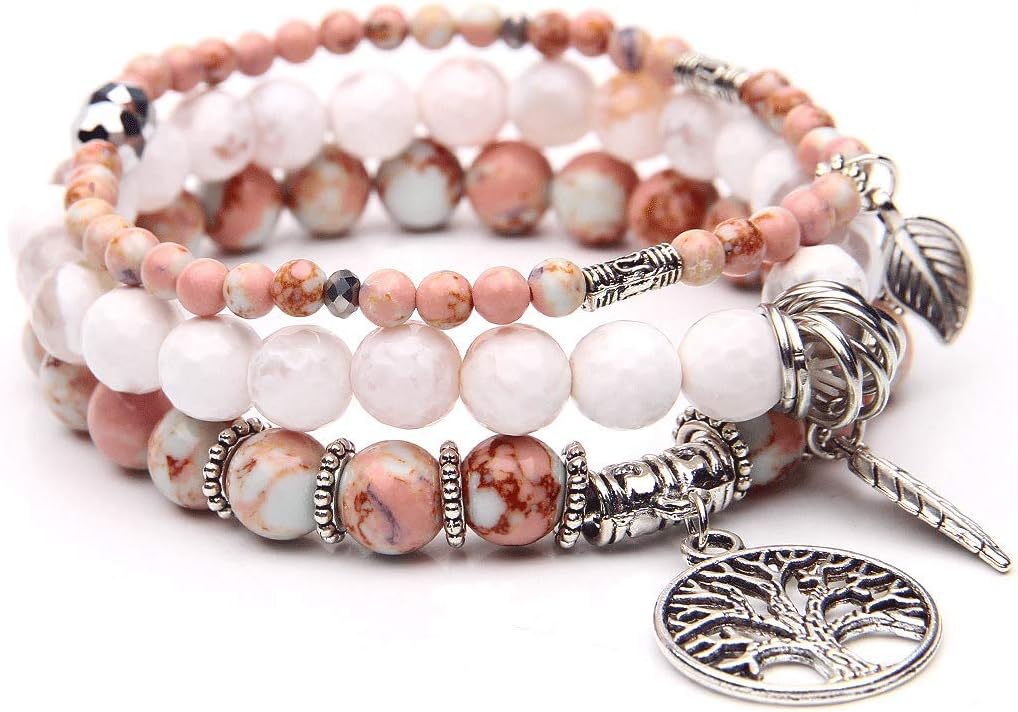 Tree of Life Turquoise Jasper & Tibetan Agate Gemstone Chakra Beaded Bracelet | Beach Charm Bracelet Set - Ocean Jewelry…