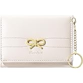 Sunwel Fashion Cute Coquette Bow Wallet with Key-chain Aesthetic Card Holder ID Window for Women Girls (CREAM)