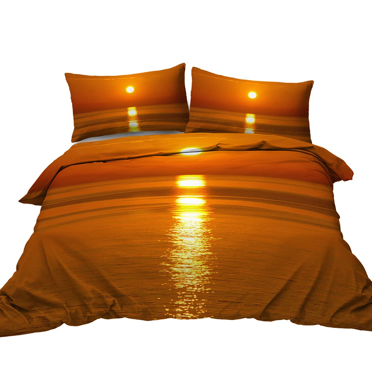 BlessLiving Beach Sunset Duvet Cover Set 3 Pieces Abstract Seascape Printed with Hidden Zipper & Corner Ties Vivid Orange Ocean Design Bedding Sets for All-Season (Double)