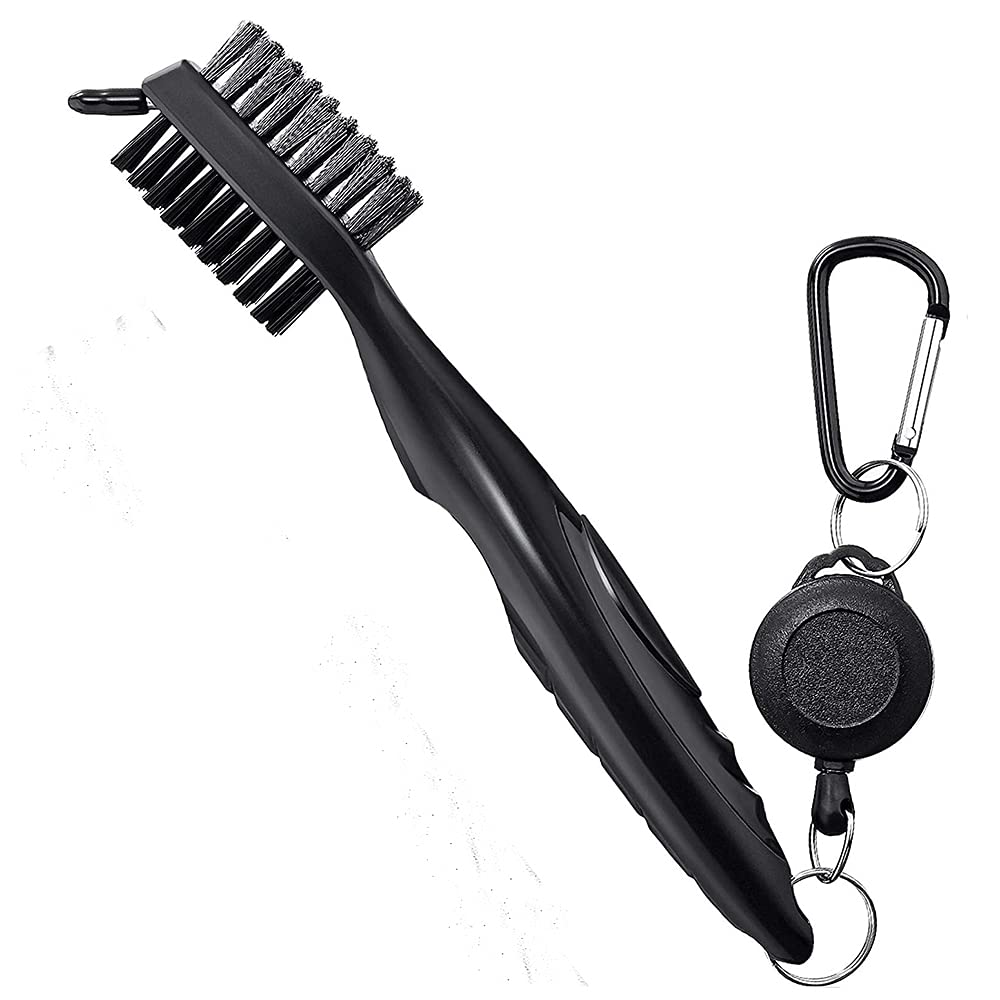 ANCLLO Golf Brush with Groove Cleaner, Nylon and Steel Golf Club Brush Portable Golf Clean Tool with Adjustable Aluminum Carabiner for Hanging on Golf Bag(Black)