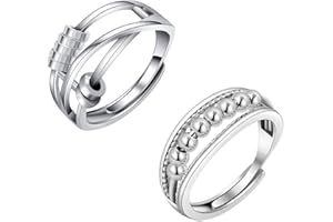 LETINE 2Pcs Fidget Rings with Beads Spinner Rings for Anxiety, Unisex Adjustable Stacking Spinning Worry Ring Size 6-10 (Silver)