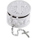 White Porcelain Cross Rosary Jewelry Box, 2 3/4 Inch