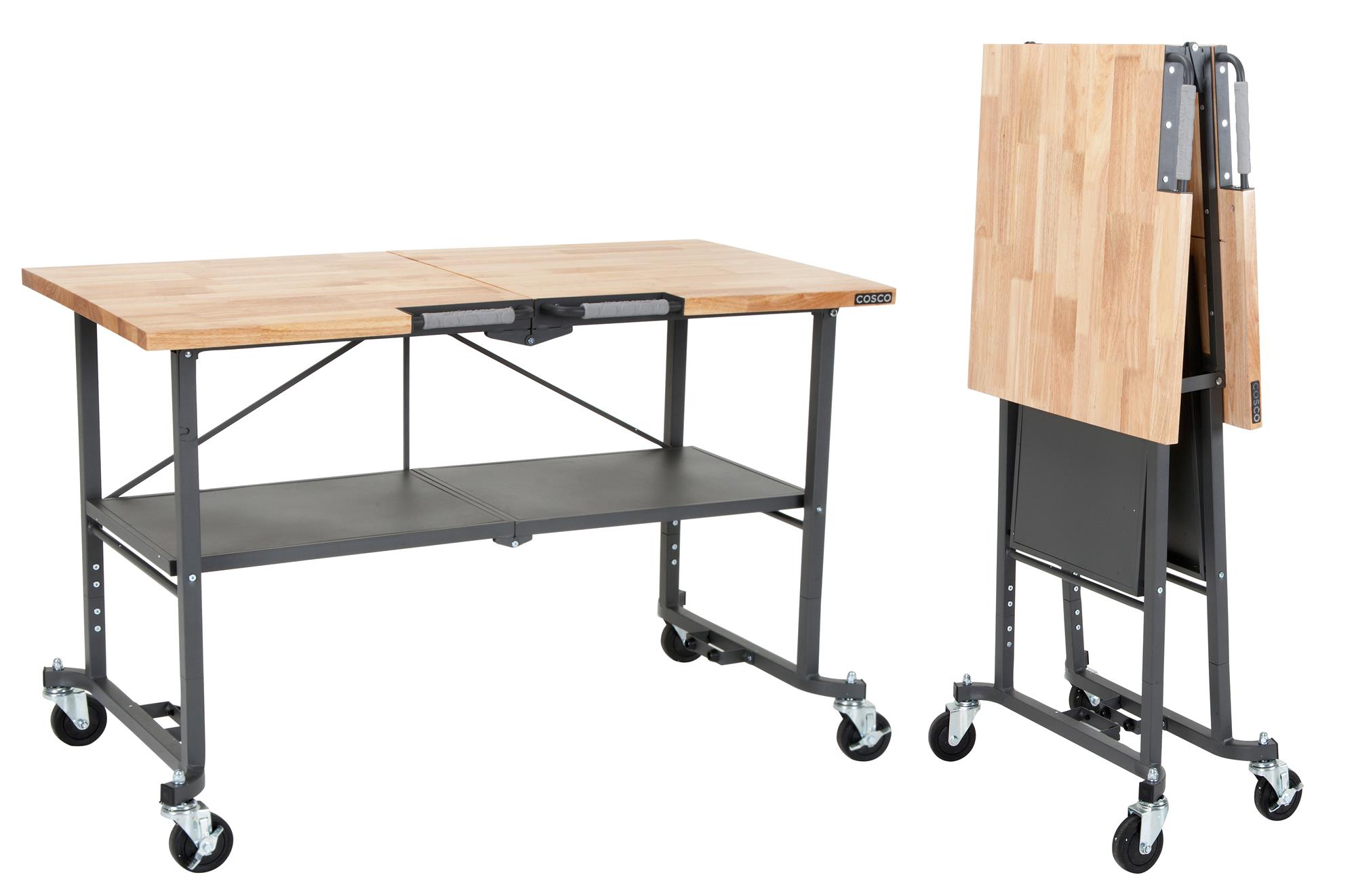 Photo 1 of COSCO SmartFold Butcher Block Portable Workbench / Folding Utility Table (Hardwood Top, 700LB Total Weight Capacity, Locking Casters, Gray Steel Frame, 1 Pack)