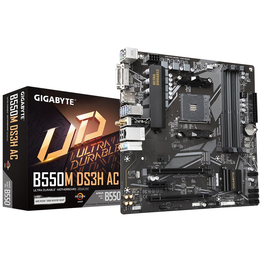 Gigabyte B550M Ds3H Ac Motherboard - Supports Amd Ryzen 5000 Series Am4 Cpus, 5+3 Phases Pure Digital Vrm, Up To 4733Mhz Ddr4 (Oc), 2Xpcie 3.0 M.2, Gbe Lan, Usb 3.2 Gen1