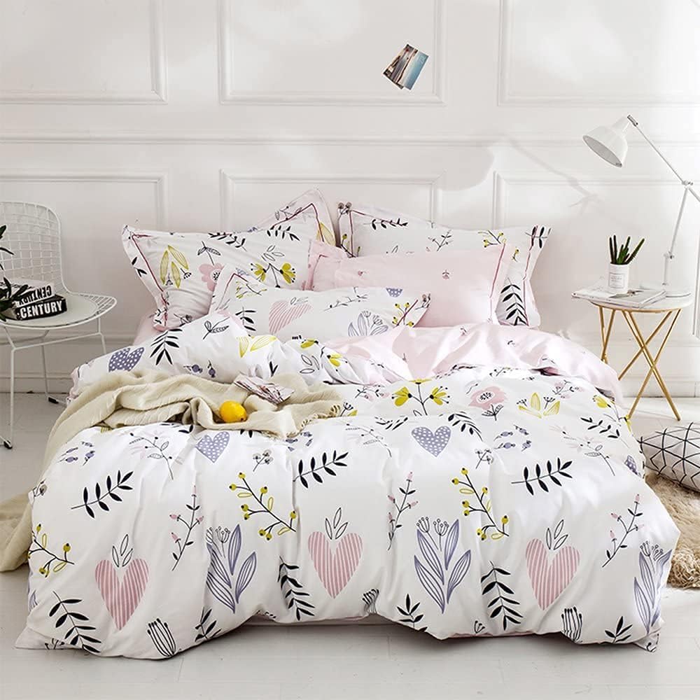 Lanqinglv King Duvet Cover Set Pink for Kids Girls,Heart Floral Pattern Bedding Reversible Comforter Cover 220x240 cm with Zipper Closure and 2 Pillowcases 50x75 cm