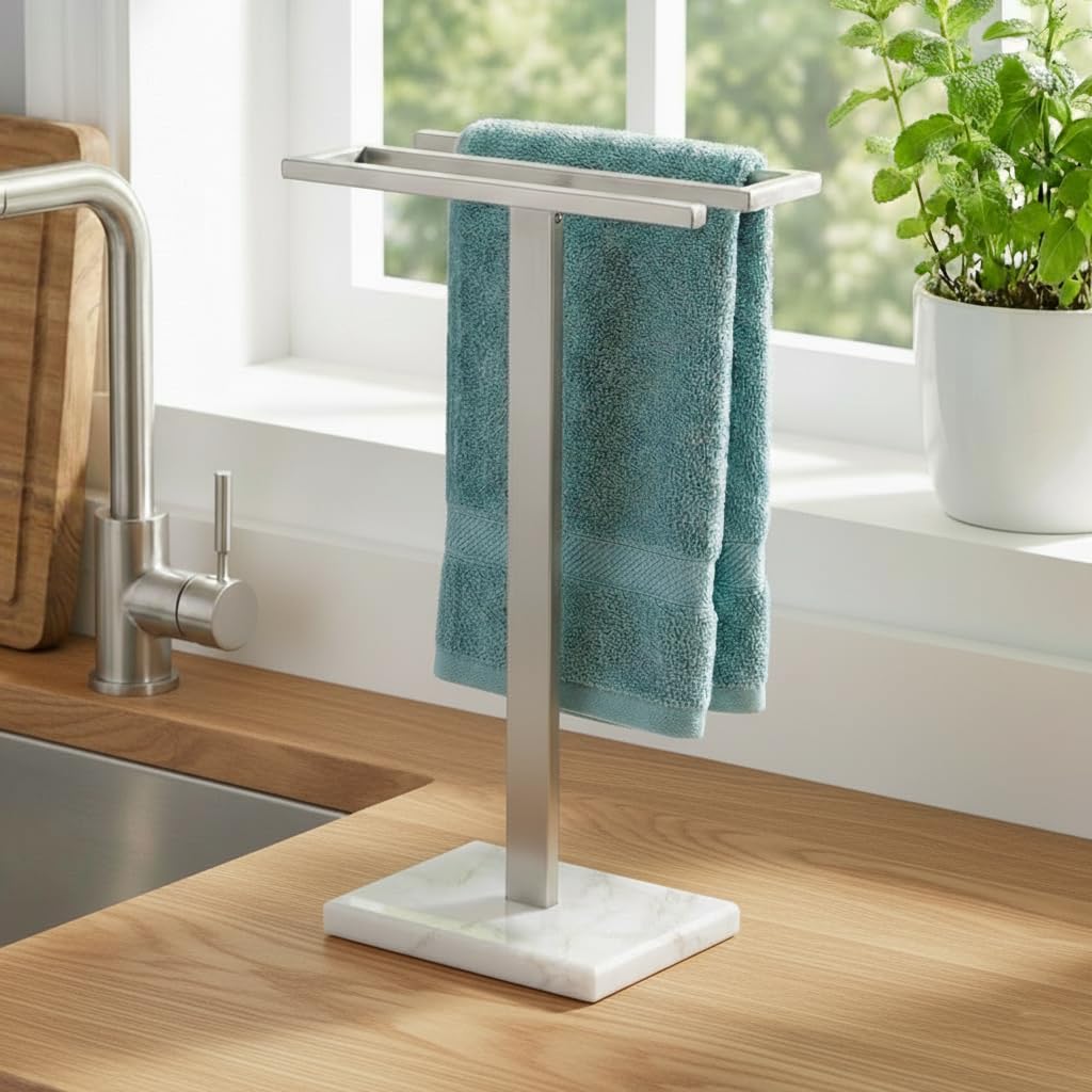 KES Towel Holder Free Standing with Marble Base, Countertop Towel Rack S-Style Bathroom Towel Stand SUS304 Stainless Steel Brushed Finish, BTH223-2