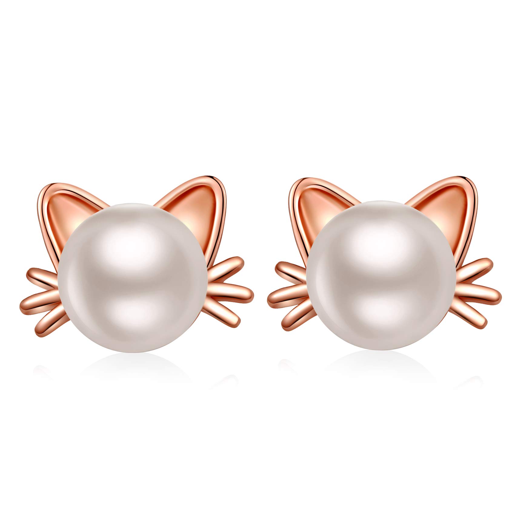 JiaYang Rose Gold Cat Pearl Earrings for Women Sterling Silver Cats Stud Earrings with White Pearls Cute Kitty Cat Animal Earrings for Daughter Girls