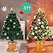 Goplus 3FT Pre-Lit Entrance Tree, Fiber Optic Christmas Tree with The Plastic Colorful Balls & Golden Star Solid Base Premium Decorations Full Tree for Indoor and Doorway