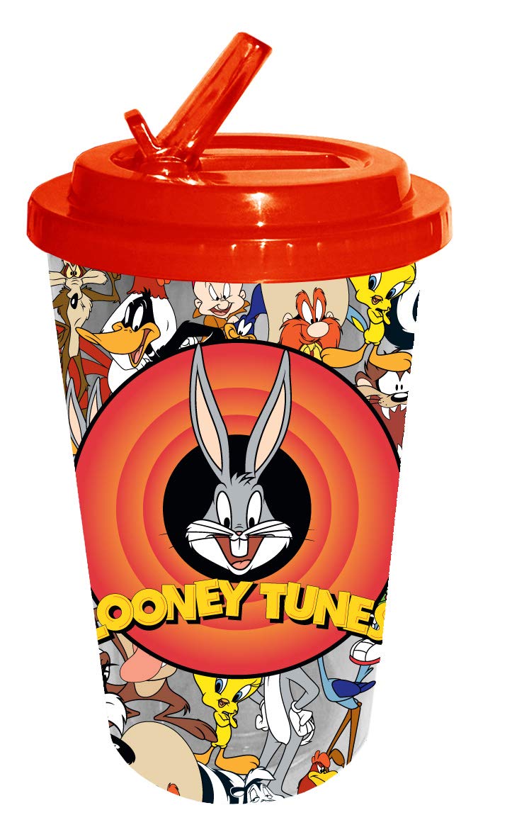 Silver Buffalo Looney Toons Bullseye with Bugs Bunny Plastic Flip Straw Cold Cup, 16-Ounce, red