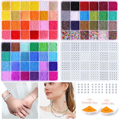Gkelaly Cuentas para hacer pulseras, cuentas de vidrio de 2 mm para hacer joyas con cuentas de letras, más de 37000 piezas, kit de fabricación de pulseras, cuentas de semillas 11/0