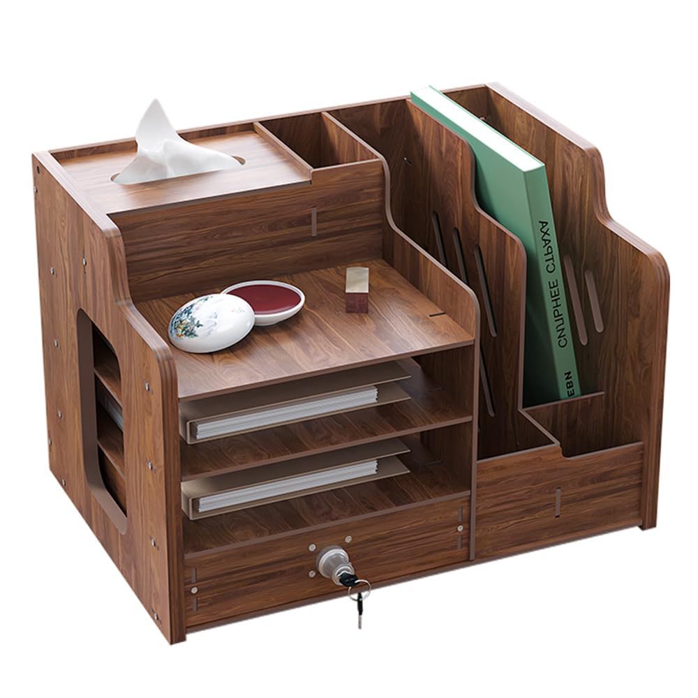 Hggzeg Wooden Desk Organiser, Large Capacity Desktop Organizer File Rack A4 Paper Document Sorter, DIY Office Supplies Storage Box for Home, Office and School (JB07-2 Walnut Wood)