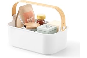 Umbra Bellwood Stackable Bin, 11" x 7" Durable Lightweight Container with Wooden Handle and Removable Dividers, White/Natural