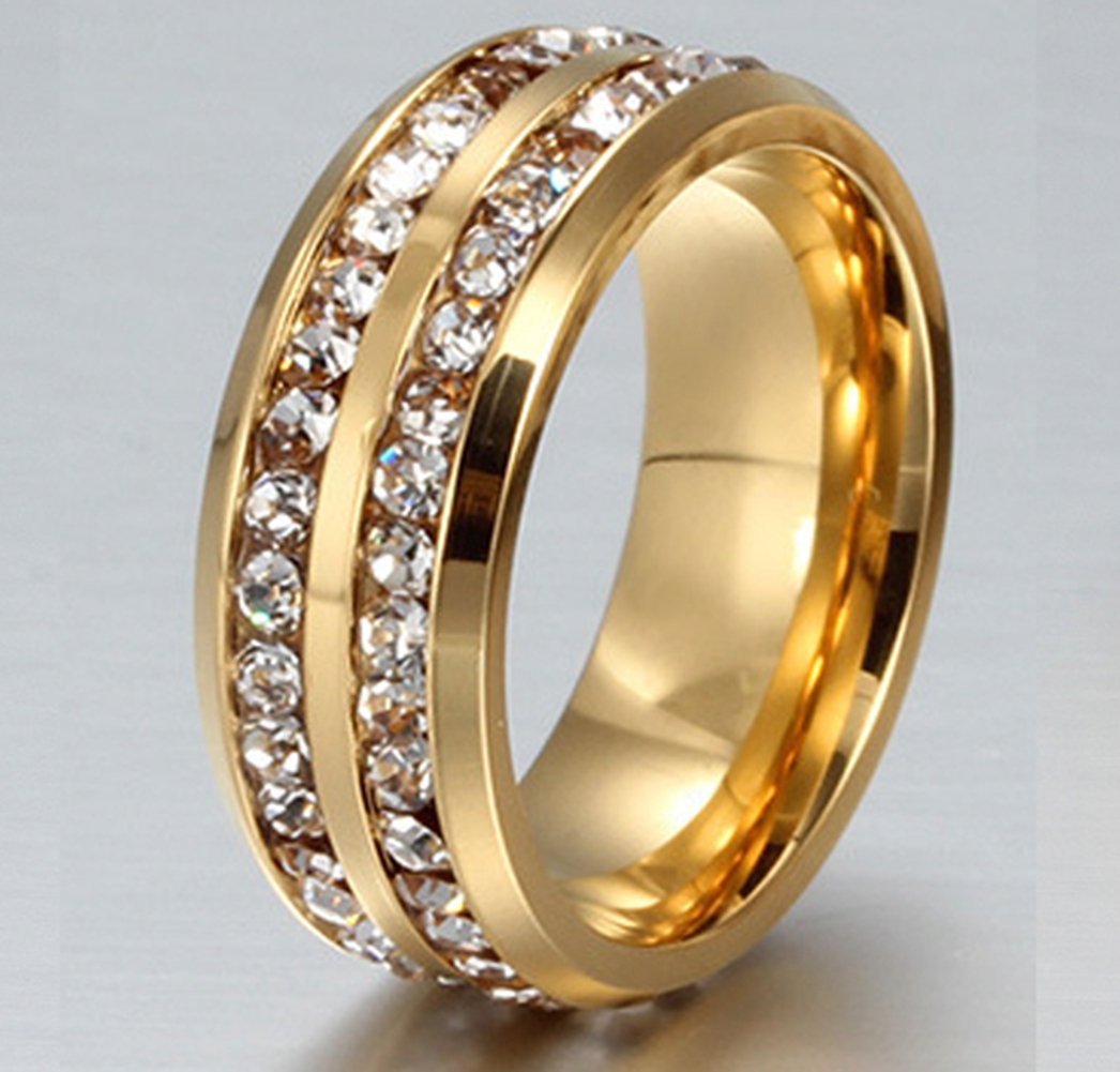 Mens Womens Promise Ring 8MM Titanium Stainless Steel Gold Plated CZ Channel Set Promise Band Size 6-13