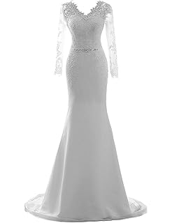 Vestido de Novia Vestido de Boda Largo A línea Gasa Encaje Manga Larga V-Cuello