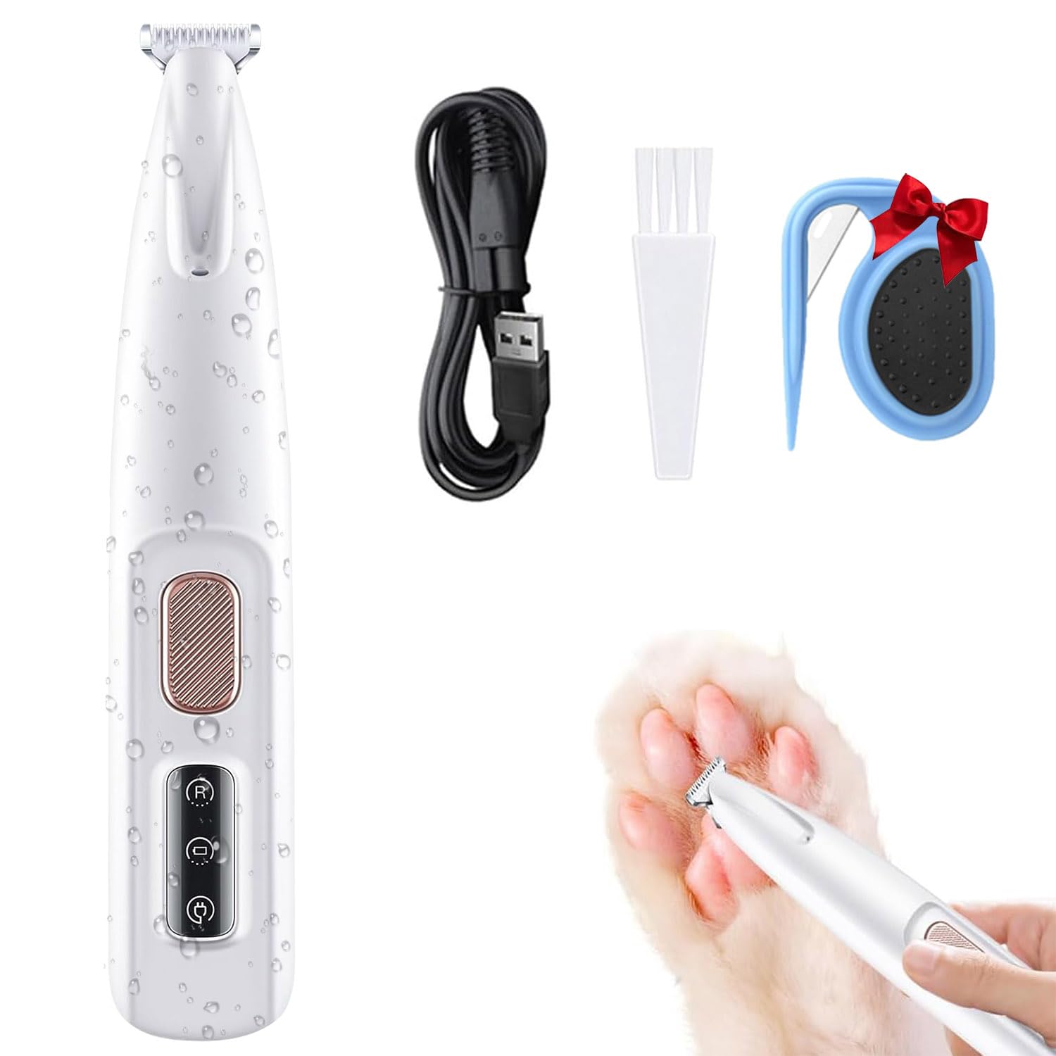 Saffory Dog Trimmer, Low Noise Electric Dog Trimmer for Paws, Cat Clippers with LED Light, Waterproof Pet Shaver for Paws/Eyes/Ears/Face/Rump (White)