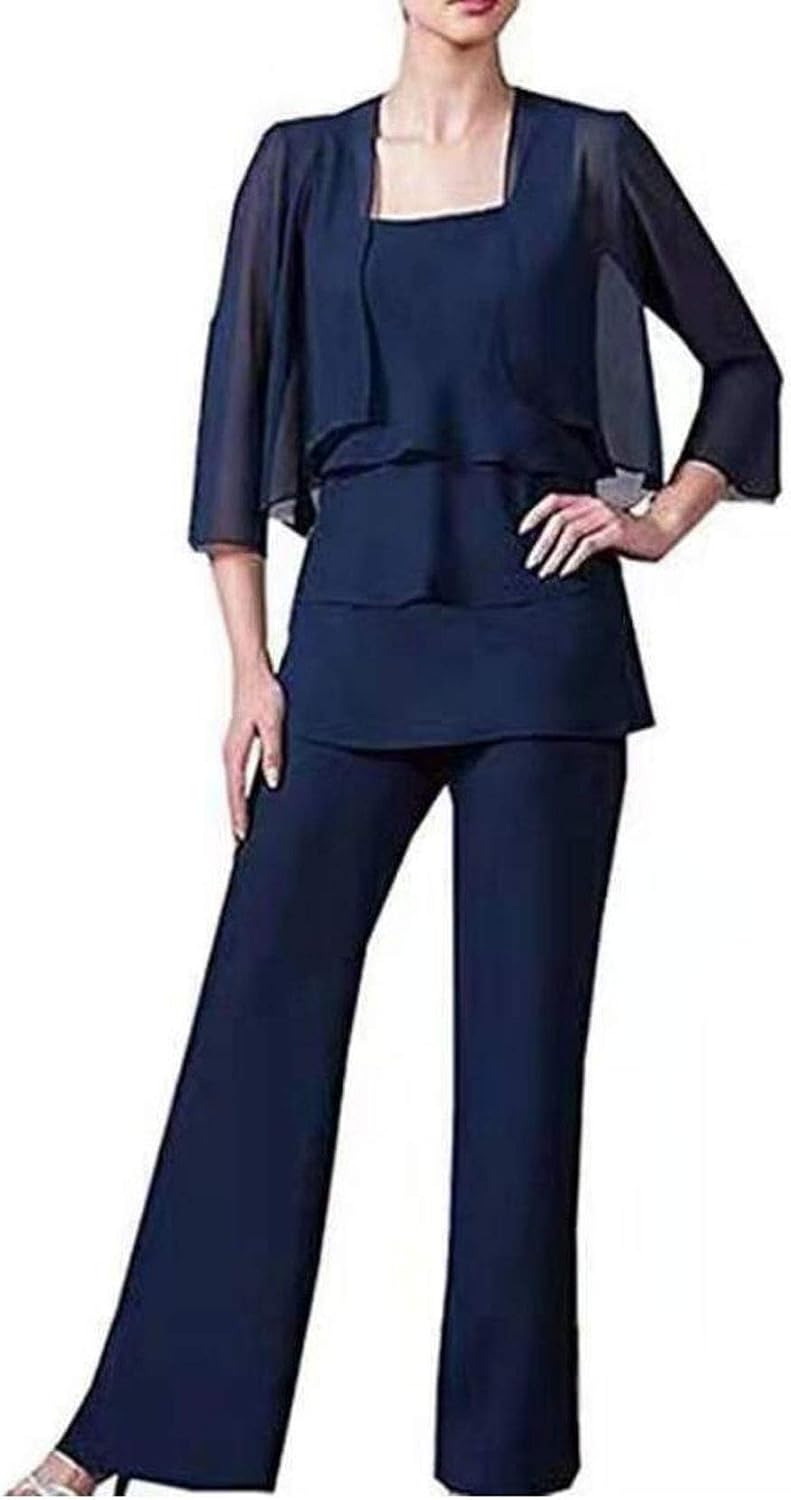 Chiffon Mother of The Bride Pants Suit 3 PC Tiered Groom Mother Dresses